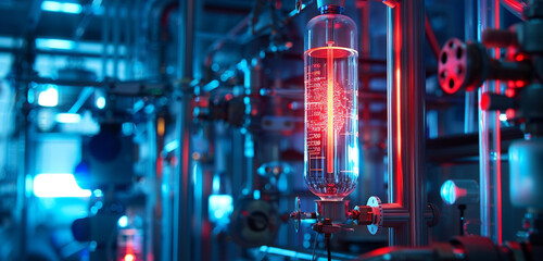 Dynamic shot of a bioreactor setup, where interplay of red and blue lights creates a metaphor for heat and energy in discovery.