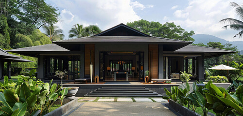 An elegant one-story traditional home with a black facade and dark grey accents, set in a serene landscape with banana trees - obrazy, fototapety, plakaty