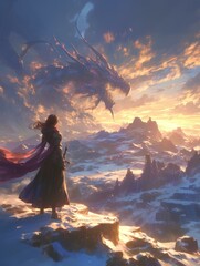 female knight watching ancient dragons ascend over snow-covered snow mountains. magnificent epic fantasy. digital art style, illustration. graphic novel wallpaper. anime aesthetic. generative AI