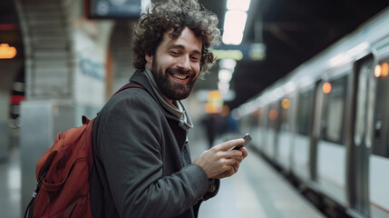Smiling bearded man looking at his smart phone at a train station. Generative AI
