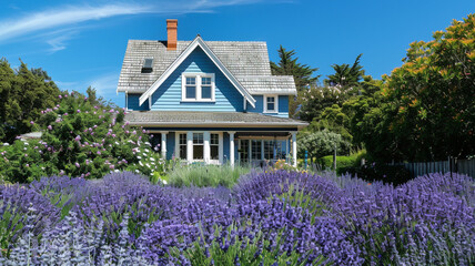 Envision a tranquil blue and soft gray two-story house under a clear blue sky, symmetrical in...