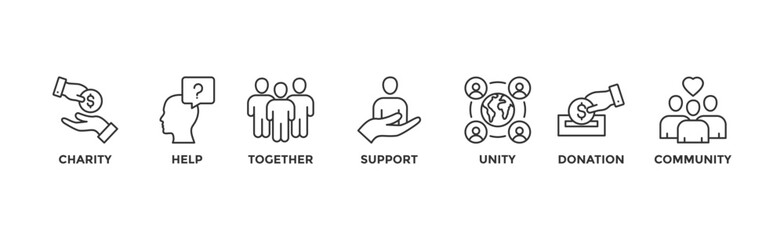 Volunteering banner web icon vector illustration concept for volunteer aid assistant with icon of charity, help, together, support, unity, donation, and community	