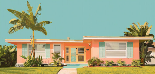 An image capturing a soft peach house with siding, on a sprawling suburban lot, with classic designed windows and shutters, banana trees instead of limes decorating the yard, under a clear teal sky
