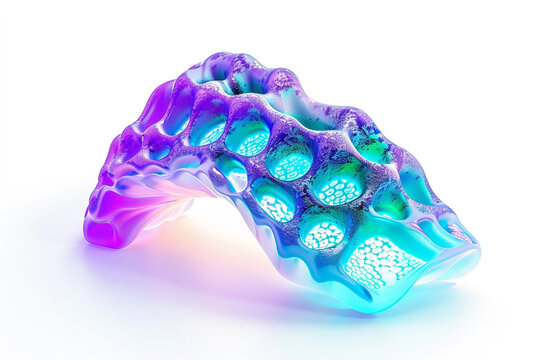 Genetically modified cartilage sample glowing under specialized lamp, showcasing turquoise and lilac patterns, isolated on a white background