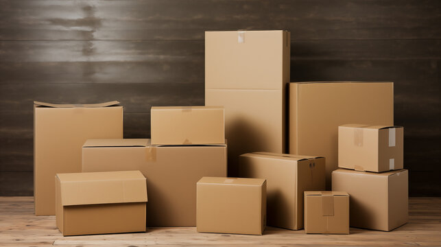 Cardboard boxes on a wooden background.  generativa IA