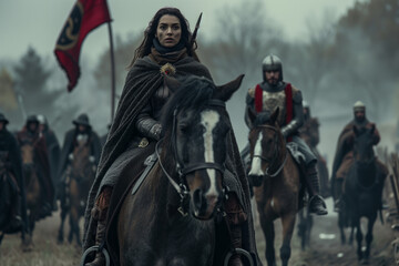 Fototapeta premium Medieval Female Knight on Horseback with Army of Knights in Historical Armor