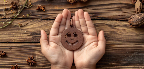 Hands enveloping a perfect paper cut smiling face on a rich, chocolate-brown wooden charm, illustrating the deep, comforting warmth and joy found in natural simplicity - obrazy, fototapety, plakaty