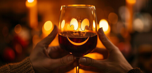 Hands enveloping a perfect paper cut smiling face on a rich, burgundy wine glass, illustrating the depth and richness of joy in shared moments of warmth - obrazy, fototapety, plakaty