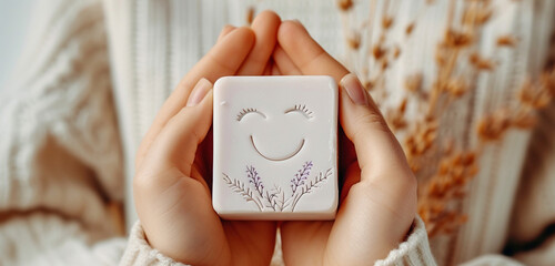 Hands holding a delicate, lavender-scented soap, its top engraved with a perfect paper cut smiling face, illustrating cleanliness and joy on cold days