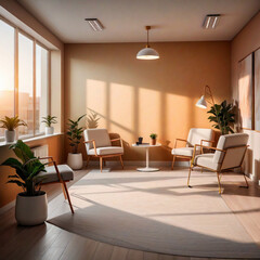 Modern Beautiful sunny Office or study, during morning and golden hour, for professional doctor, lawyer, dentist, or optometrist.