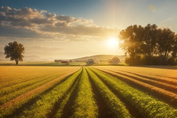 agricultural farmland environment at sunset