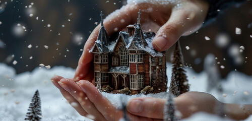 Hands lifting a miniature haunted house, adding a touch of whimsy and mystery to the winter scenery