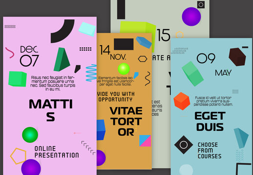 Social Media Post Layout in Memphis style with 3D Geometric Shapes
