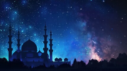 view of the Great Mosque at Night with stars. Suitable for Ramadan concepts, Islamic concepts, greeting cards, wallpapers, backgrounds, business cards.Ai generated - obrazy, fototapety, plakaty