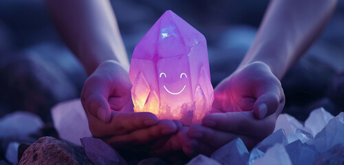 Hands presenting a luminous violet crystal with a paper cut smiling face, highlighting beauty and positivity in the cold