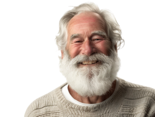 white bearded old man smiling, isolated on white background
