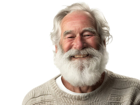white bearded old man smiling, isolated on white background