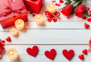 Wooden white background with red hearts, gifts and candles. The concept of Valentine Day.
