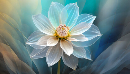 Ethereal single white translucent dahlia on soft blue abstract background, luxury wallpaper design