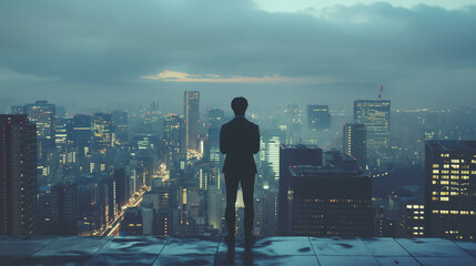 Businessman standing on a roof and looking at city.