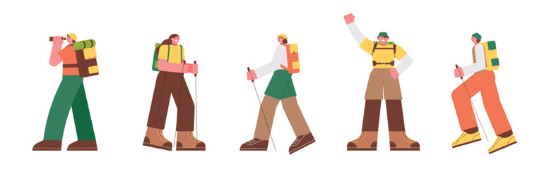 A collection of people wearing hiking boots, carrying backpacks, and holding hiking sticks.