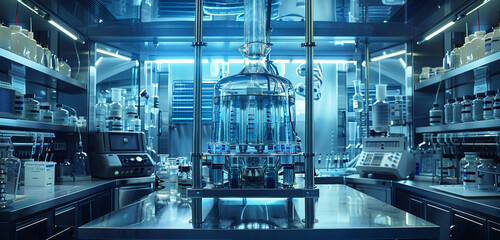 High-definition image of a stainless steel vessel stirred tank bioreactor with numerous tubes and medium bottles attached, surrounded by a variety of laboratory equipment in a modern setting. 