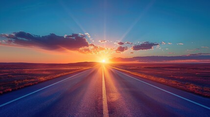 view of the highway with a sunset background. empty street on a beautiful afternoon. a long road stretched in the distance. - obrazy, fototapety, plakaty