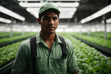Hydroponic farm worker demonstrating modern farming practices