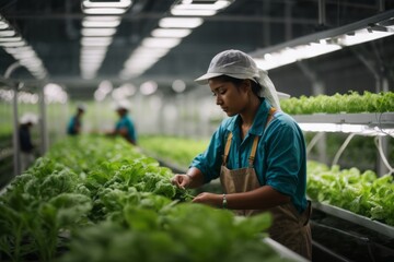 Hydroponic farm worker demonstrating modern farming practices