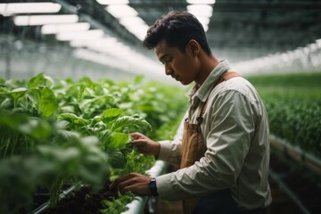 Hydroponic farm worker demonstrating modern farming practices