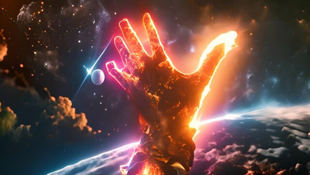Fiery Hand Reaching Out from Earth to Space with Ai generated.
