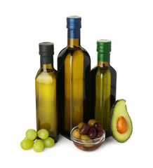 Vegetable fats. Bottles of different cooking oils and ingredients isolated on white