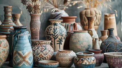 Fototapeta na wymiar A diverse collection of handmade pottery, showcasing intricate designs and earthy tones
