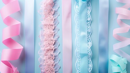 Assorted pastel ribbons and lace on a soft blue backdrop