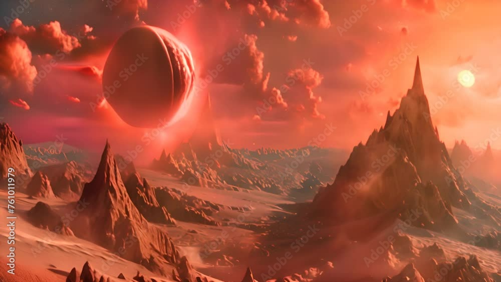 Poster alien landscape with red giant and planets with ai generated.
