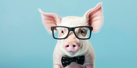 cute baby pig with glasses and bow tie on blue background, generative AI - obrazy, fototapety, plakaty