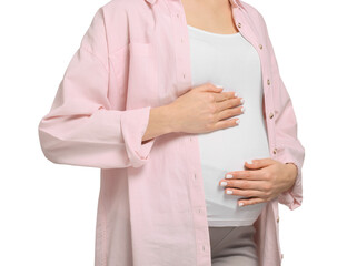 Pregnant woman touching her belly on white background, closeup