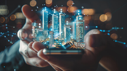 A hand holding a cell phone with a city view on the screen. Concept of wonder and amazement at the technology that allows us to see a city from the comfort of our own homes - obrazy, fototapety, plakaty