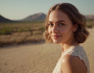portrait of woman with mountain background