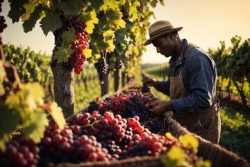 Grape farmer harvest grapes in the vineyard