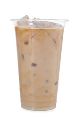 Plastic cup of fresh iced coffee isolated on white