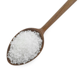 Natural salt in wooden spoon isolated on white, top view
