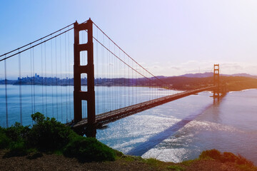 Golden Gate Bridge in sunlight landscape scenic view. California landmark.