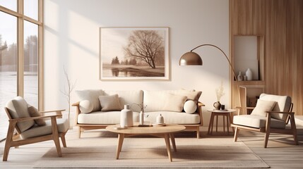 Fototapeta na wymiar Modern monochromatic living room interior composition with elegant background 