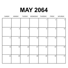 may 2064. monthly calendar design. week starts on sunday. printable, simple, and clean vector design isolated on white background.