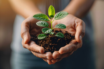 People holding a young plant in their hands, symbolizing unity and protection of nature. Suitable for Earth Day and environmental conservation campaigns. - obrazy, fototapety, plakaty