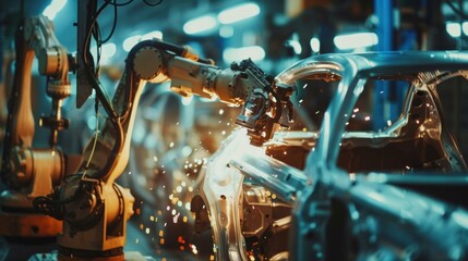AI robot arm welding in a factory, assembling cars and in mass products - obrazy, fototapety, plakaty