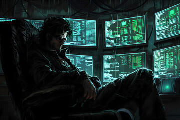 Fototapeta premium Digital art of a male hacker surrounded by screens in a dark, futuristic setting