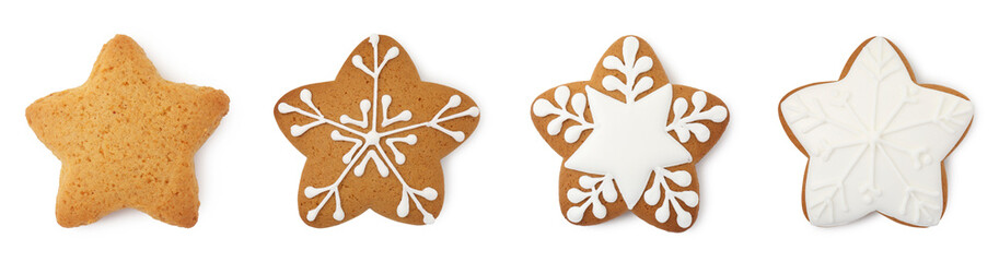 Tasty star shaped Christmas cookies isolated on white, top view