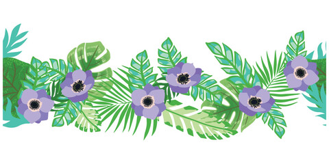 Tropical garland with green leaves and purple anemone flowers. Floral composition. Seamless illustration isolated on transparent background.
